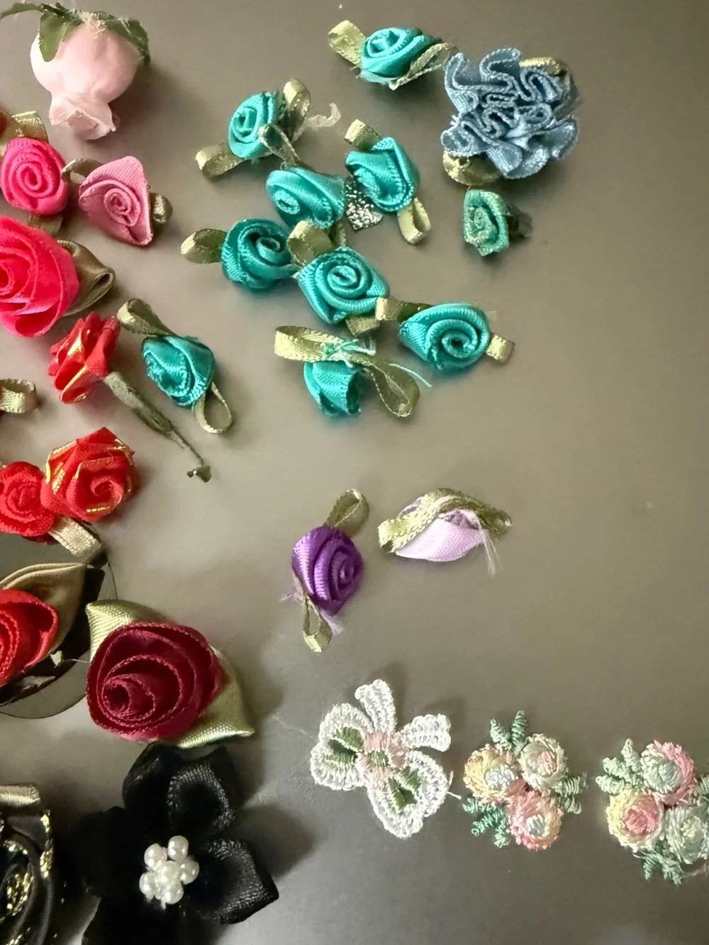 Vintage Satin Ribbon Rose Bow Craft Embellishment Lot